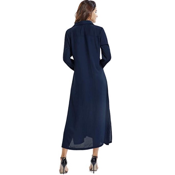 Navy Shawl Collar Shift Loose Fit Tunic Maxi Dress - Picture 3 of 3